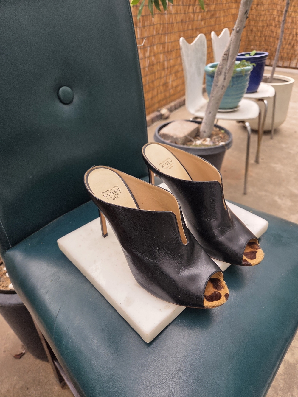 Francesco Russo Made in Italy. Black Leather Open-Toe High Heel Mule